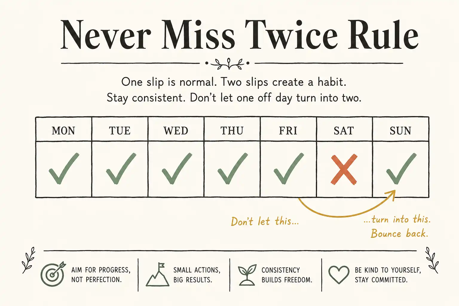 Weekly tracker showing the never miss twice rule for a sustainable morning routine