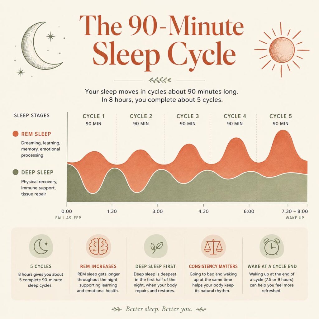Infographic showing 90-minute sleep cycles and natural wake time for a healthy morning routine