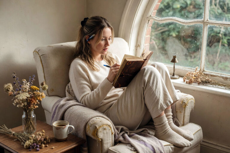 Marie Honeycutt reading in a cozy reading nook during her slow morning routine, one of the best morning routines for non-morning people