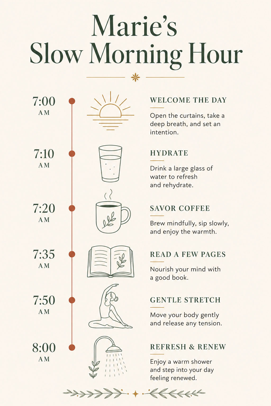 Infographic showing Marie Honeycutt's slow morning routine hour timeline as one of her best morning routines