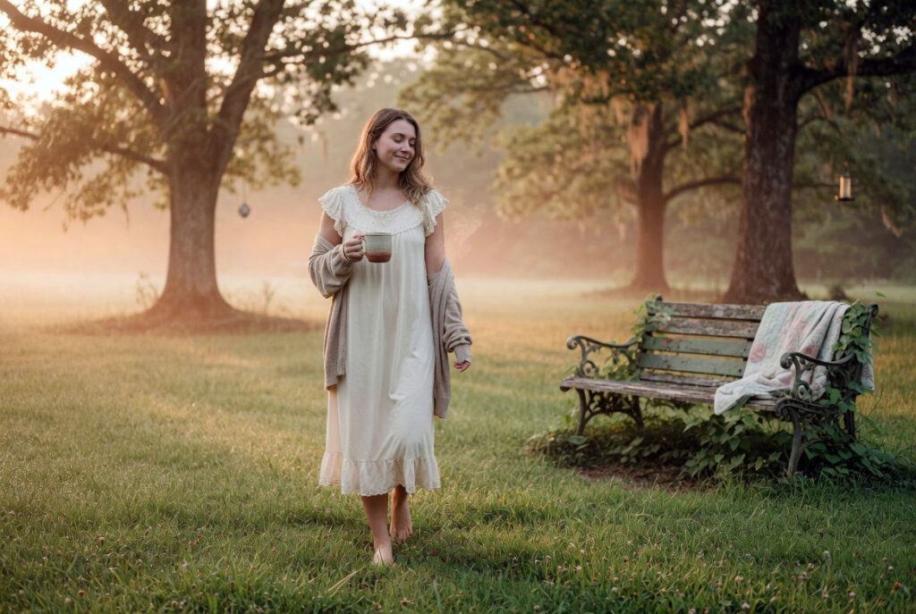 Marie Honeycutt walking barefoot with coffee during her slow morning routine in her Alabama backyard