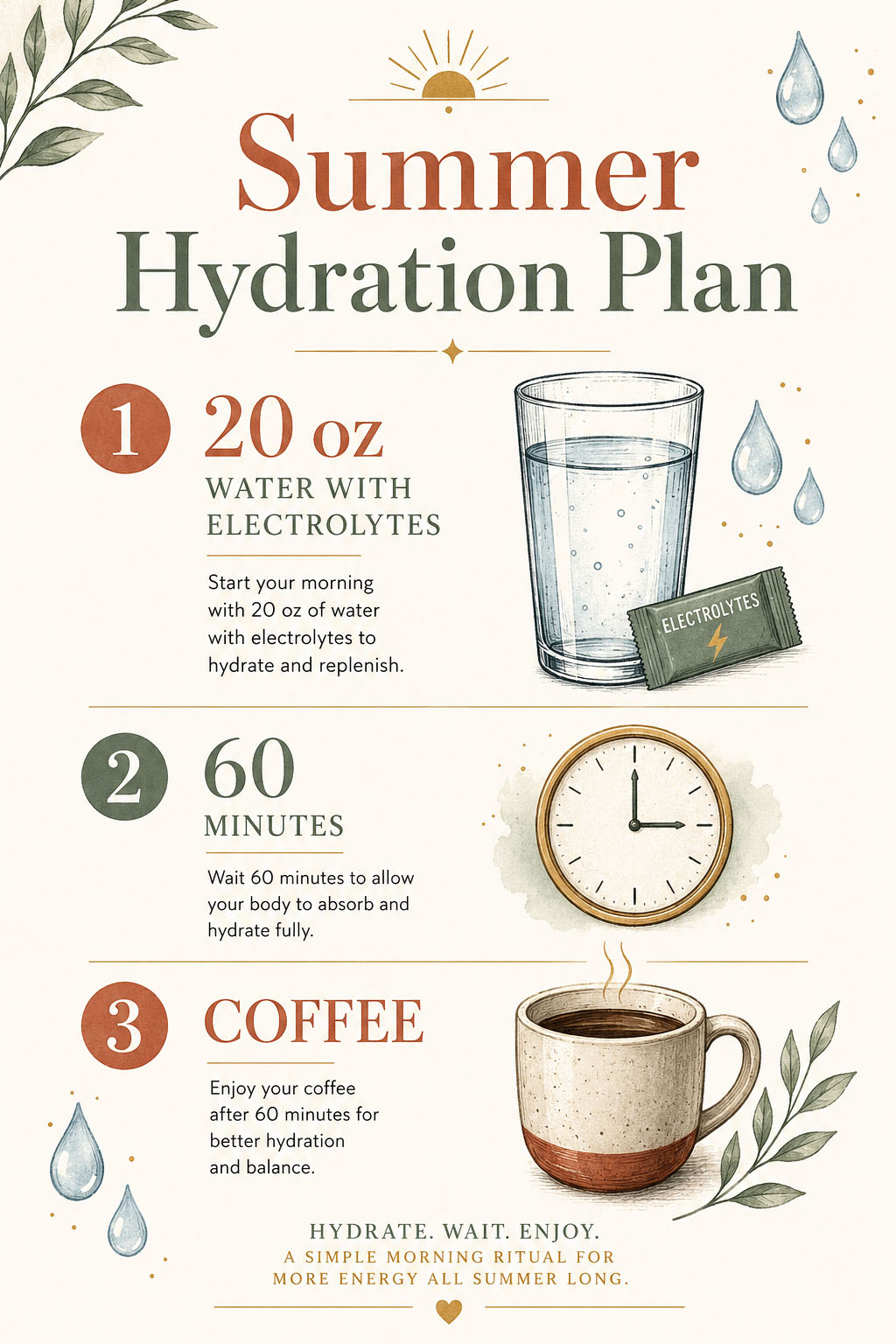 Infographic showing the summer morning routine hydration plan with water and electrolytes