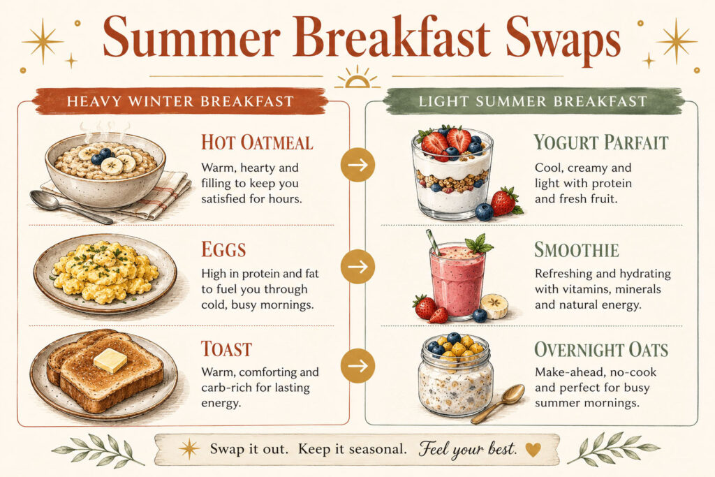 Infographic showing light breakfast swaps for a summer morning routine in hot weather