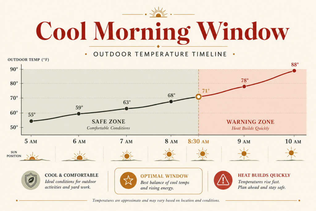 Infographic showing the cool outdoor window for a summer morning routine before the heat builds