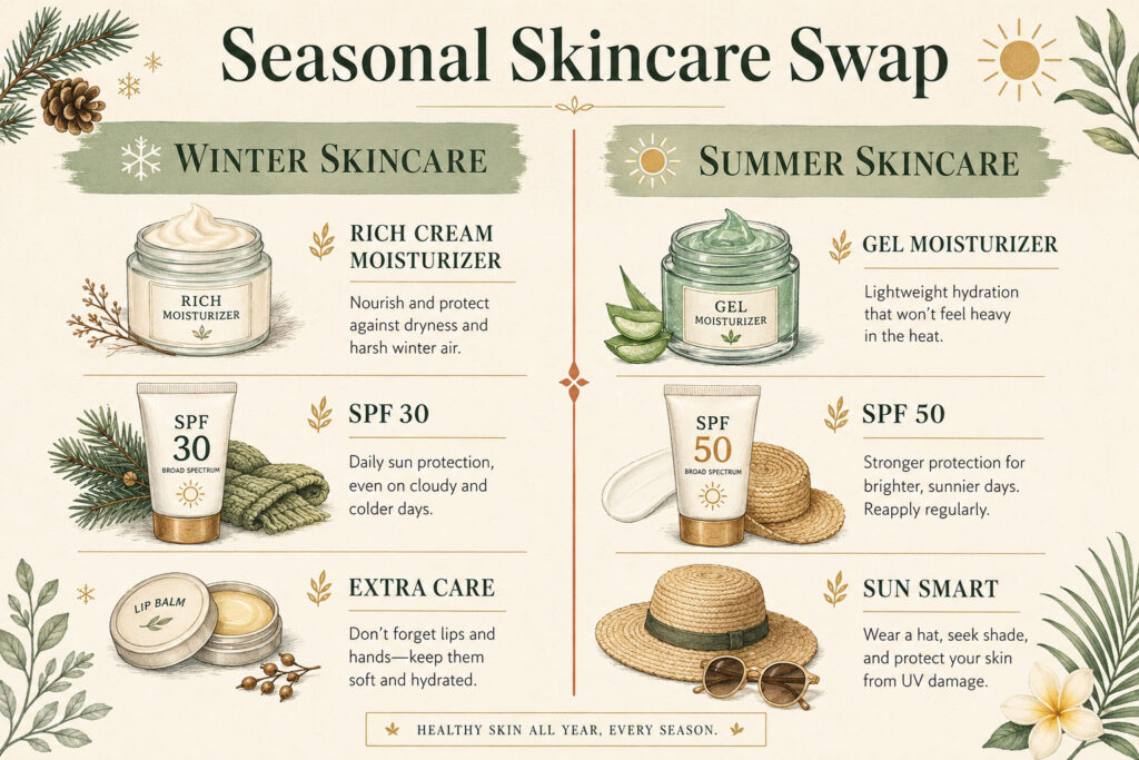 Infographic comparing winter versus summer morning routine skincare adjustments