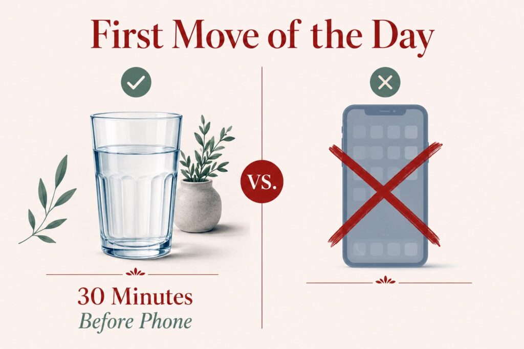 Infographic comparing water first versus phone first as the opening habit of a healthy morning routine