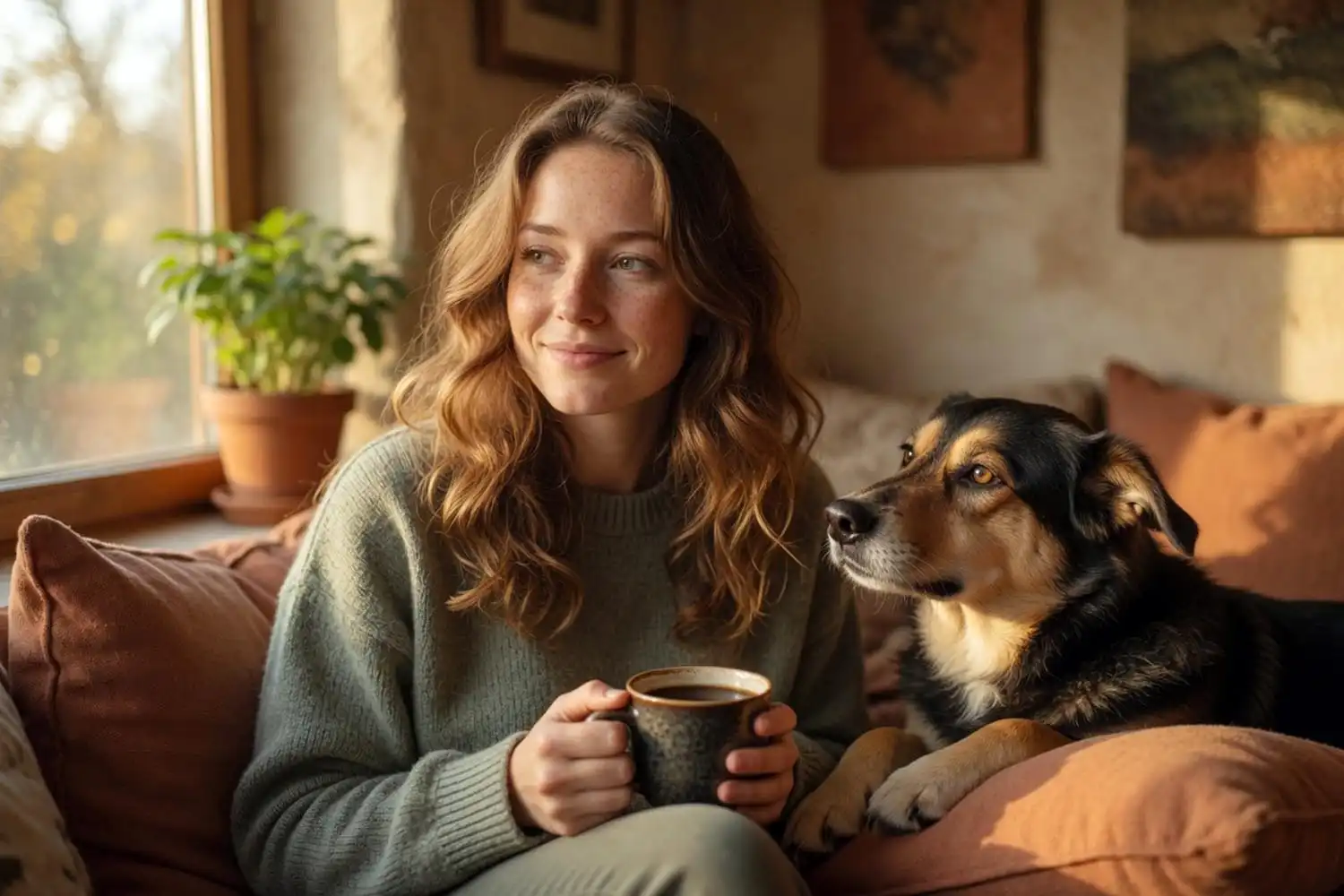 Marie by a sunny Alabama window with coffee and her dog Biscuit during a slow morning routine.