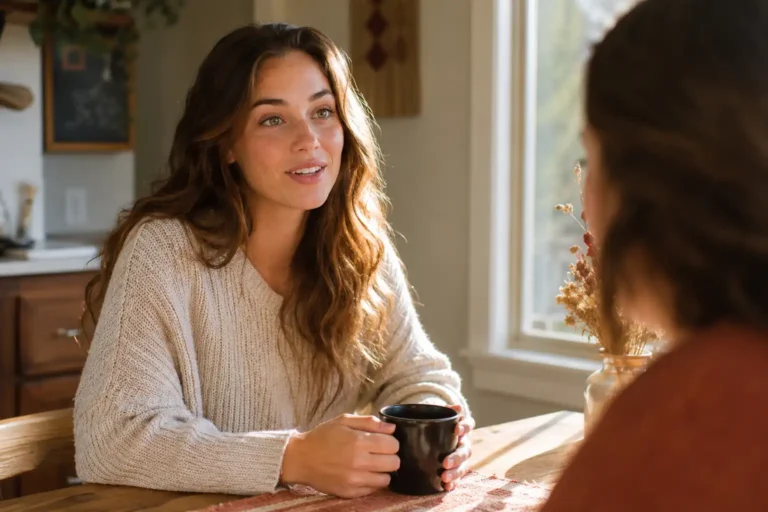 Marie at her Opelika kitchen table with coffee, describing a morning routine for an IELTS speaking answer.