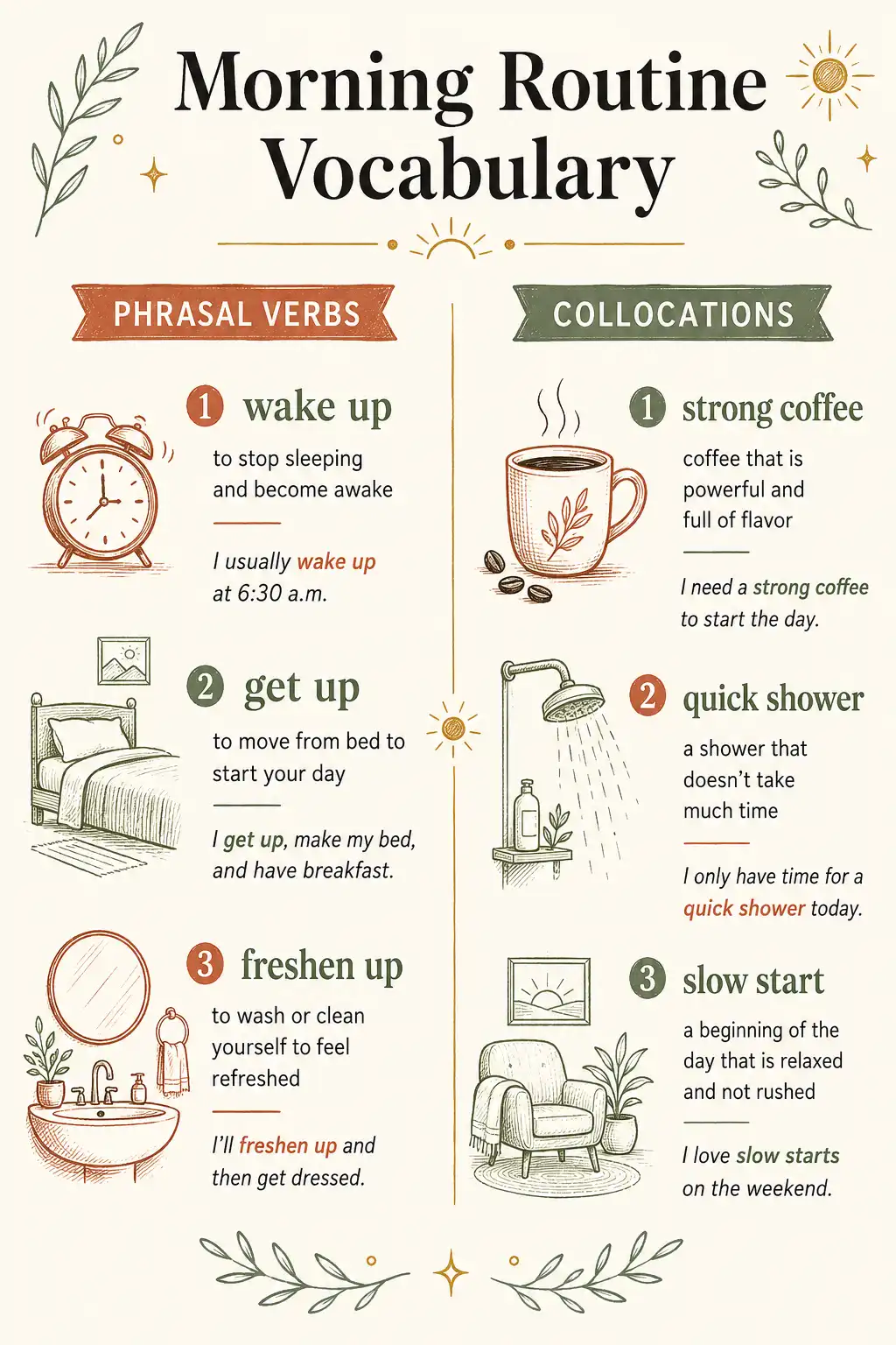 Morning routine vocabulary infographic with phrasal verbs and collocations for IELTS speaking answers.